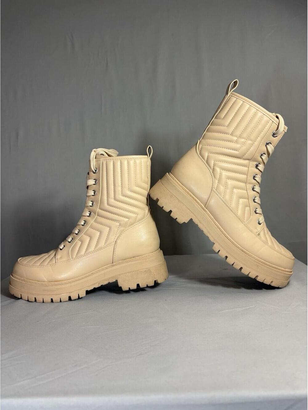 Marc Fisher Quilted Combat Boots Beige Lug Platform Lace Up Side Zip Womens 6.5
